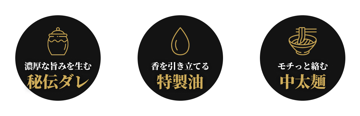 伝統の特製タレ 独自の最高級麺 味の秘訣特製油